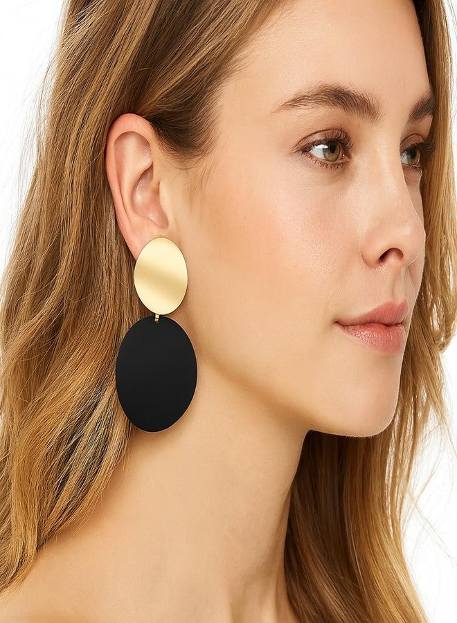 ZENCHEER Round Curved Clip On Earrings Women, Lightweight Statement Gold Black Discs Dangle Drop Earrings for Non Pierced Ears Jewelry Gift (Gold & Black) - Image 3